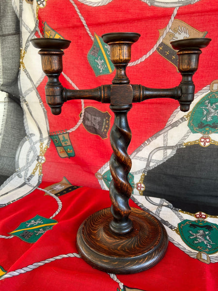 PAIR Antique English Oak Barley Twist Candlesticks Candelabras Candle Holders