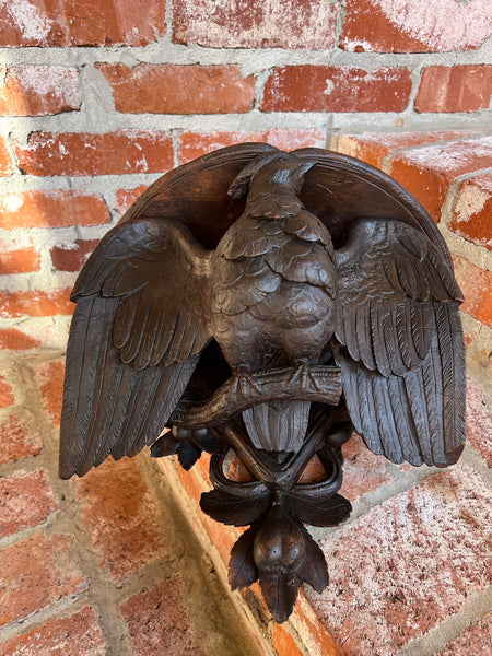 Antique French Wall Shelf Corbel Carved Eagle Black Forest Statue Wood c1880