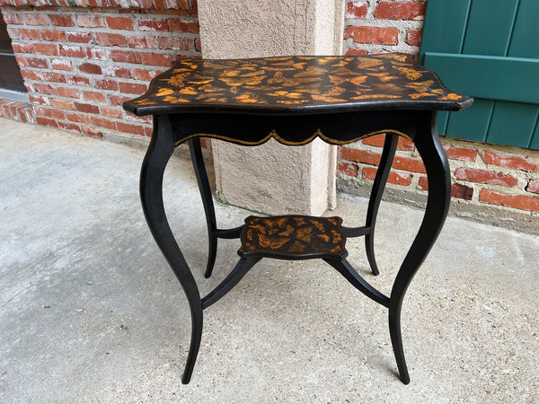 Vintage French Side Table Chinoiserie Butterfly Black Lacquer Hollywood Regency