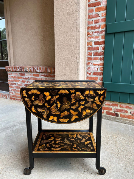 Vintage English Bar Cart Trolley Drop Leaf Chinoiserie Butterfly Lacquer Table
