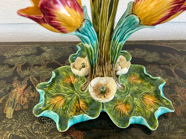 Antique French Majolica Vase Centerpiece Onnaing Art Nouveau Iris Tulip c1900