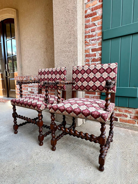 Pair SET Antique French Arm Chair Barley Twist Oak Renaissance Lion Fleur De Lis