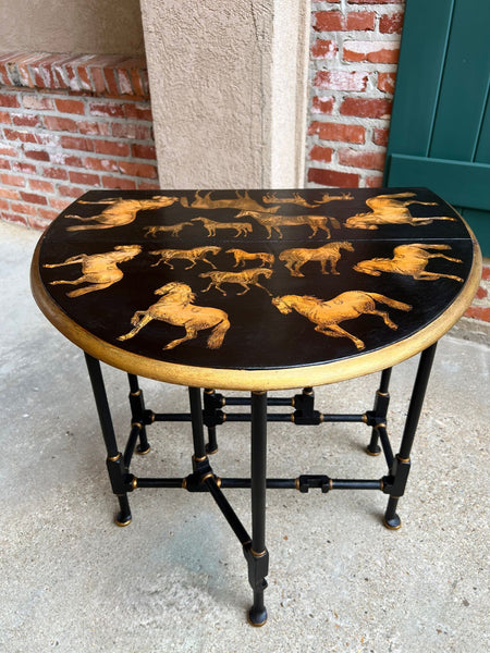 Antique English Drop Leaf Side Table Horse Equestrian Chinoiserie Petite Oak