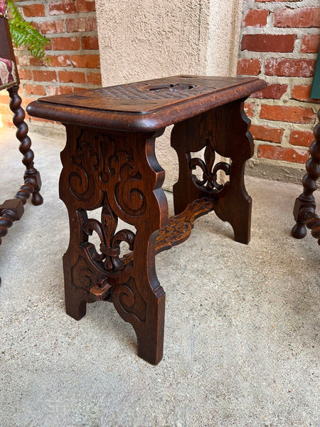 Antique French Bench Stool Gothic Renaissance Carved Oak Trestle Fleur de lis