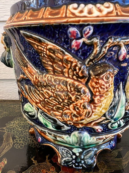 Antique Majolica Bird Planter Cache Pot Jardinière Cobalt Blue Wasmuël c1890