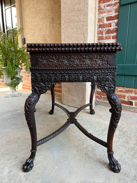 Antique Foyer Hall Table British Colonial Carved Wood Leather Flip Top Burmese