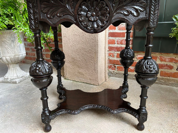 Antique English Side Sofa Table Ebonized Carved Oak Baroque Two Tier Tudor