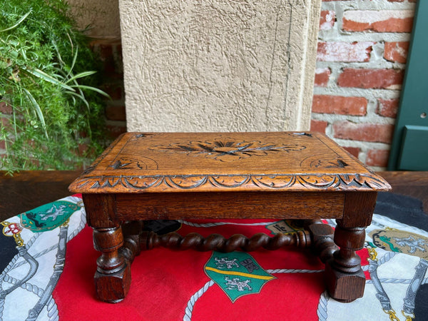 Antique English Kettle Stand Footstool Barley Twist Carved Oak Display Stool