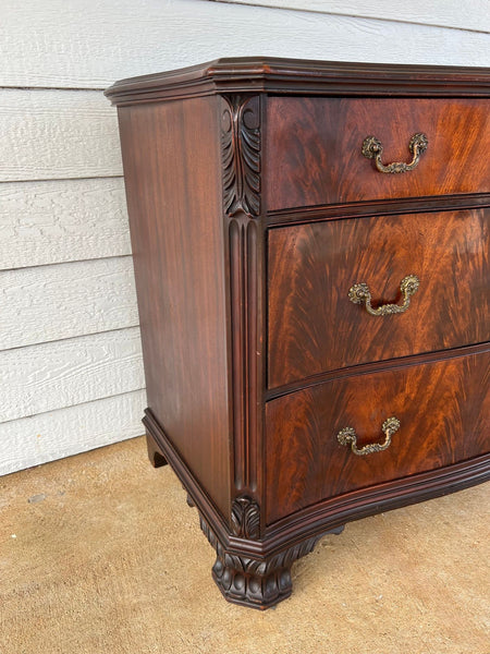 Antique Georgian Revival Chest of Drawers Flame Mahogany Serpentine Carved c1940