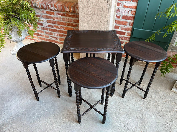 SET 4 Antique French Drop Leaf Nesting TABLE BARLEY TWIST Folding End Carved Oak