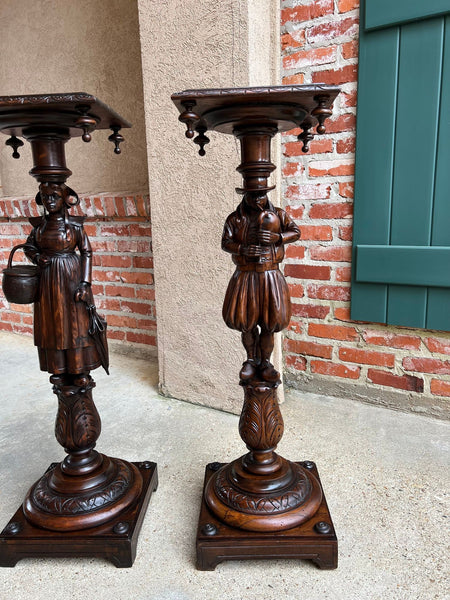 Antique French Breton Pedestal Stands PAIR Carved Figural Display Brittany c1900
