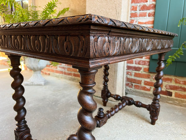 Antique French Sofa Table Writing Desk Barley Twist Carved Oak Renaissance