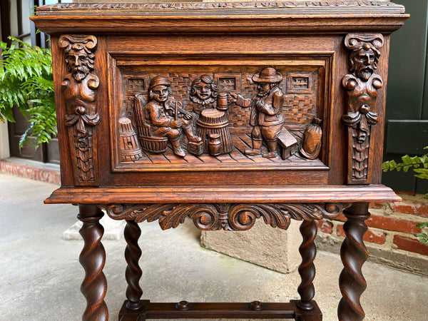 Antique French Renaissance Chest Box on Stand Breton Brittany Oak Barley Twist