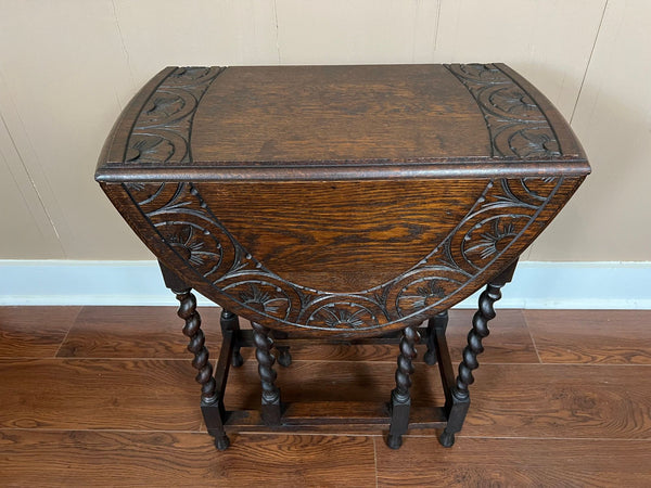 PETITE Antique English Side Sofa Table Barley Twist Drop Leaf Gateleg Carved Oak