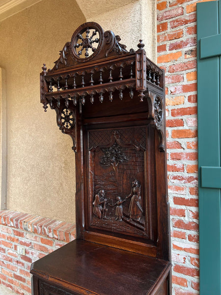 Antique French Breton Hall Cabinet Tall Narrow Carved Crown Bookcase c1880