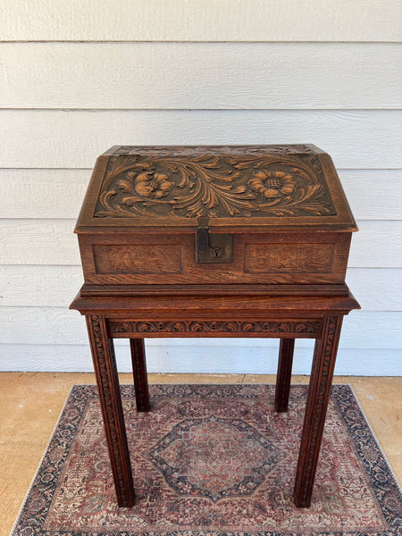 Antique English Slant Top Bible Box Desk Stand Jacobean Carved Oak Lectern c1890