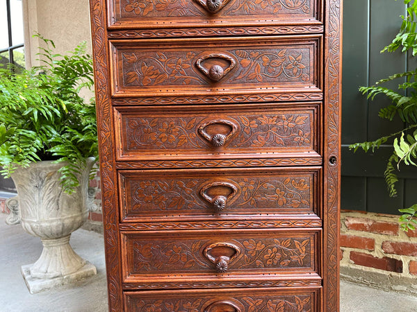 Antique English Victorian Wellington Chest of Drawers Campaign Carved Oak