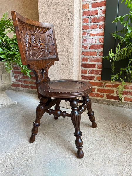 Antique English Pub Chair Fireplace Hearth Carved Tiger Oak Breton Brittany