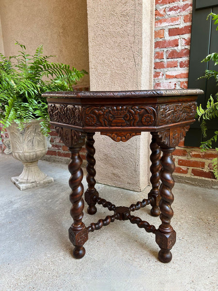 Antique French Octagon Sofa Table Carved Oak Barley Twist Louis XIII Renaissance