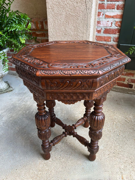 Petite Antique French Octagon Center Side TABLE Renaissance Carved Oak