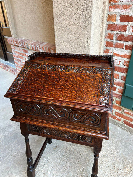 Antique English Slant Front Desk Display Stand Jacobean Carved Tiger Oak Lectern