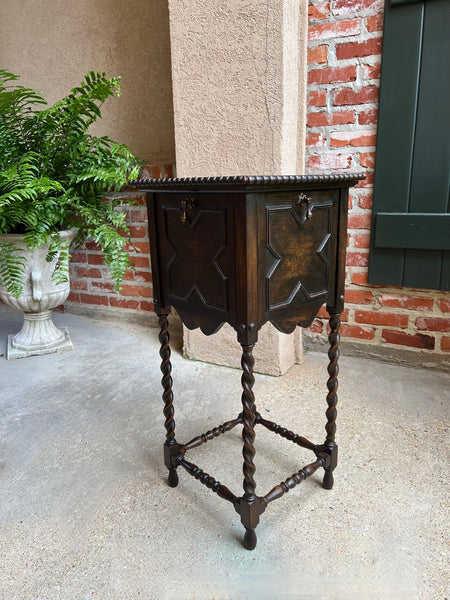 Antique English Square Table Plant Stand Jacobean BARLEY TWIST Cabinet Dark Oak