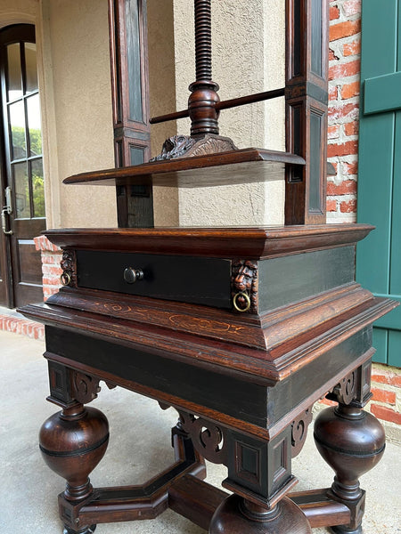 Antique English Book Press Table Renaissance Carved Oak Ebonized Cabinet c1880