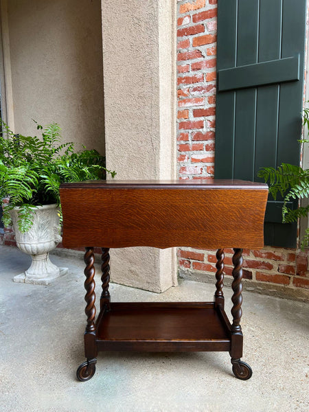 Antique English Tea Trolley Drinks Cart Barley Twist Dumbwaiter Drop Leaf Table