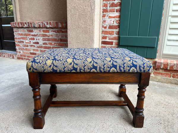 Antique English Oak Bench Upholstered Window Seat Jacobean Revival c1920