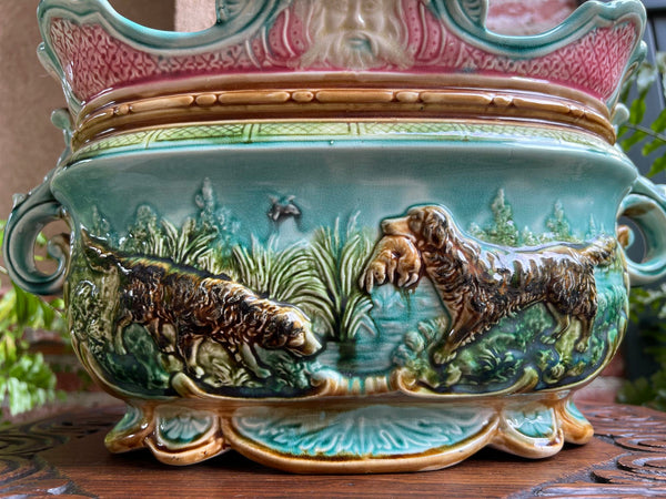 Antique French Majolica Barbotine Jardinière Hunt Dog Onnaing Cache Pot Planter