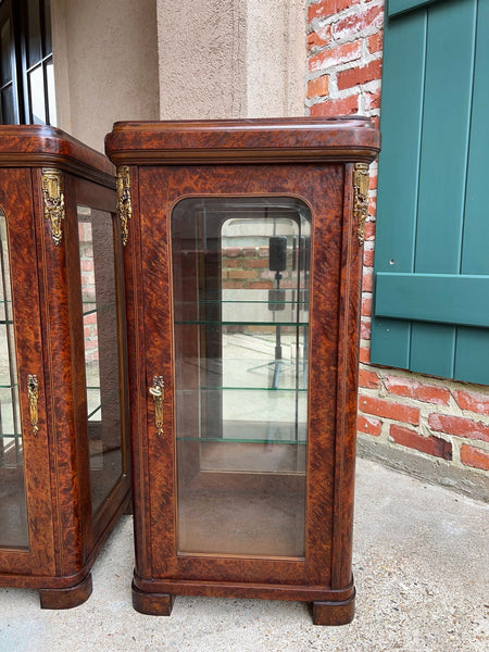 PAIR Antique French Glass Vitrine Display Cabinets Burl Mahogany Mirror c1900
