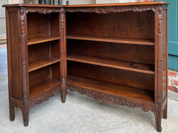 Antique French Corner Bookcase Carved Oak Louis XV Revival Open Shelves c1920