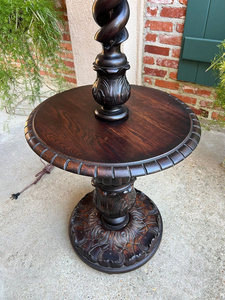 Antique English Carved Oak Floor Lamp OPEN Barley Twist w Round End Table c1920