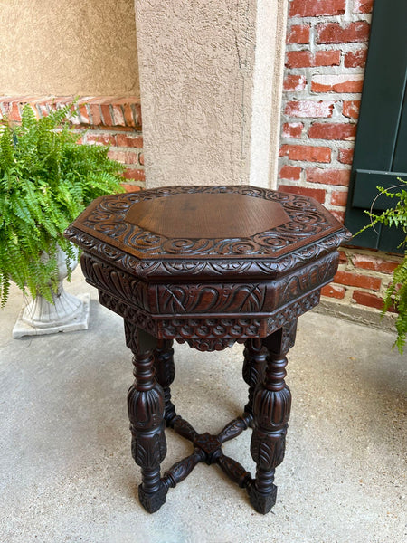 PETITE Antique French Octagon Center Side TABLE Side End Renaissance Carved Oak