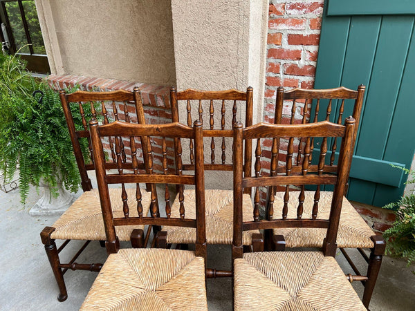 Set 5 Vintage English Oak Dining Side Chairs Rush Seat Lancashire Spindle Back