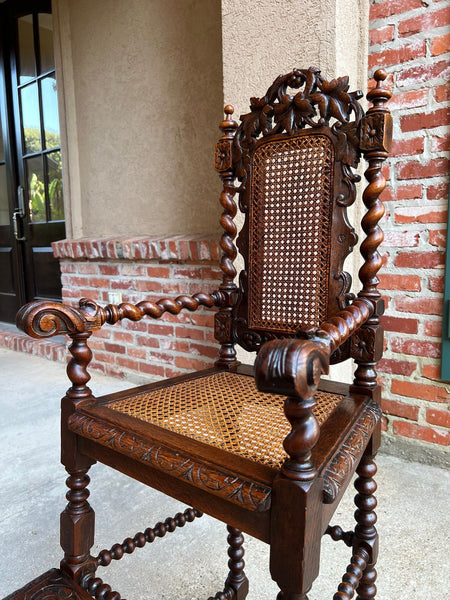 Antique French Child High Chair Renaissance Barley Twist Carved Oak Caned c1890