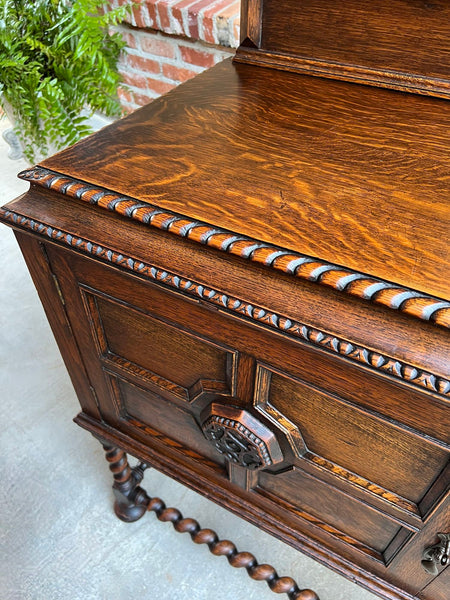 Antique English Sideboard Server Buffet BARLEY TWIST Carved Tiger Oak Jacobean