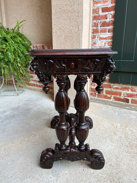 Antique French Side Table Petite Renaissance Carved Oak Trestle Desk Craft Table