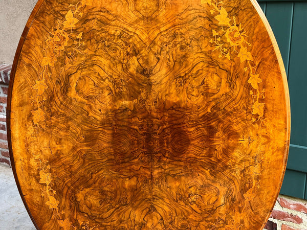 Antique English Center Breakfast Table Burl Walnut Tilt Top Inlaid Oval c1890