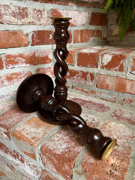 PAIR Set Antique English Oak OPEN Barley Twist Candlesticks Candle Holder Brass