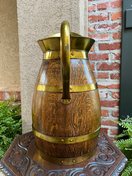 Antique Large French Country Oak Pitcher Brass Band Wine Barrel Umbrella Stand