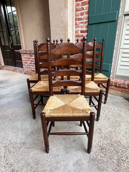 Vintage English Dining Chairs Set 6 Oak Ladder Back Rush Seat Woven