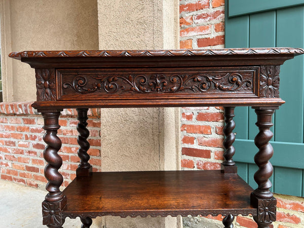 Antique English Server Console Table Jacobean Carved Oak Barley Twist c1900