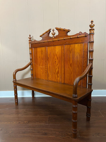 Antique English Faux Bamboo Pine Hall Bench Victorian High Back Settle c1890