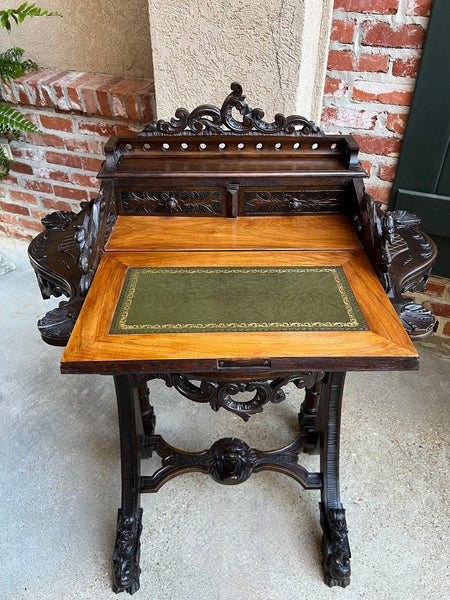 Antique French Writing Desk Secretary Black Forest Carved Oak Renaissance c1890