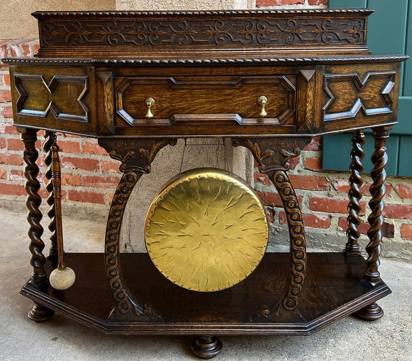 Antique English Console Hall Table Jacobean Carved Oak Barley Twist Gong c1880