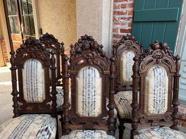Set 6 Antique French Dining Chairs Renaissance Carved Oak Black Forest c1880