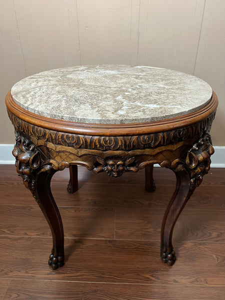 Antique French Renaissance Revival Center Table Round Marble Carved Walnut c1900