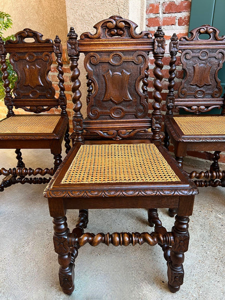 Set 4 Antique French Dining Chairs Barley Twist Cane Seat Carved Oak c1920