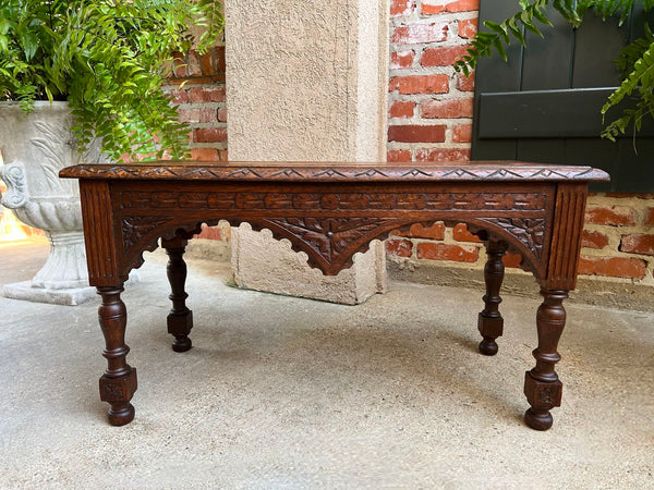 Antique French Bench Stool Gothic Renaissance Coffee Table Carved Oak c1890